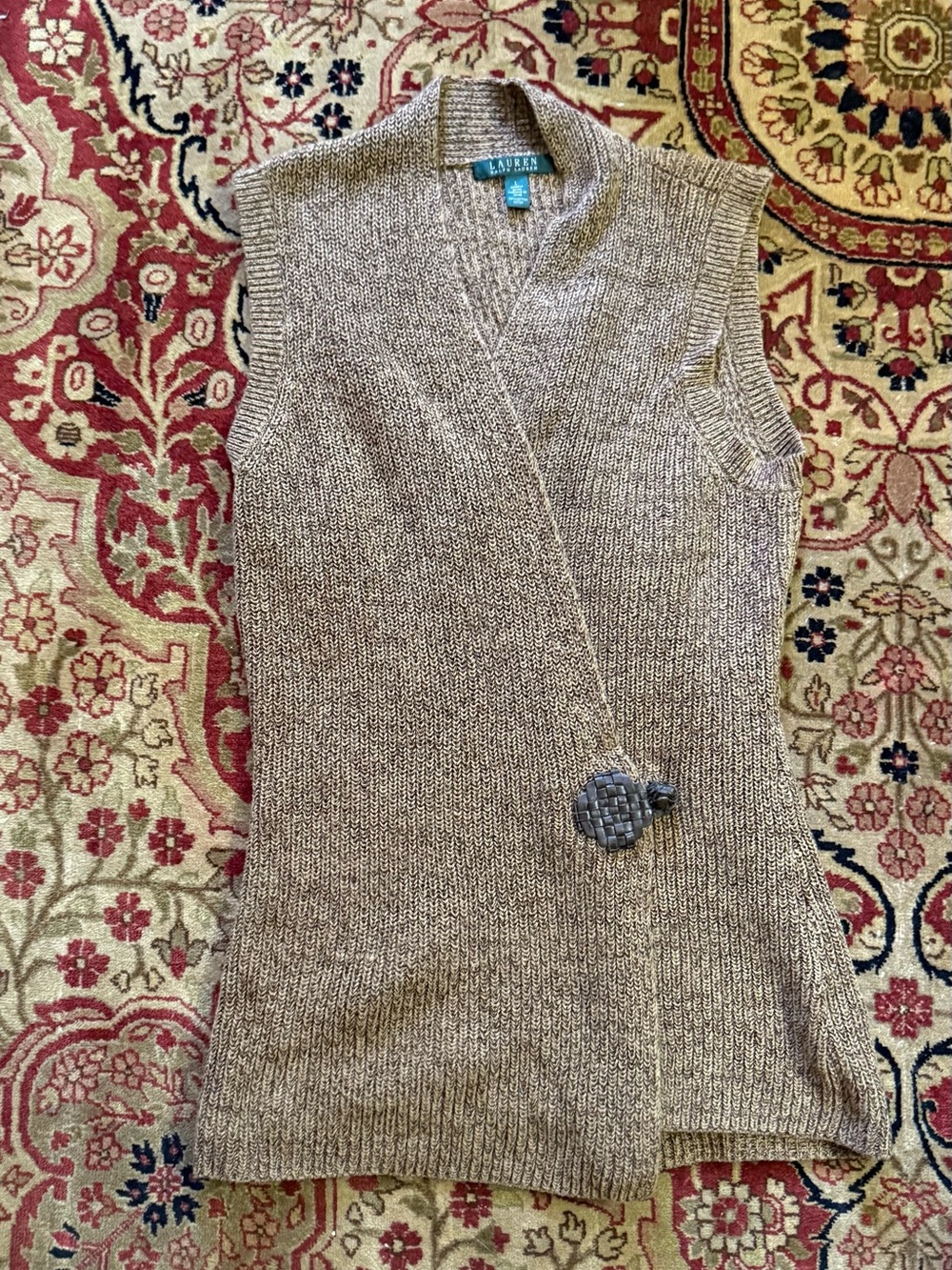 Ralph Lauren Taupe Sleeveless Wrap Knit Vest with Toggle